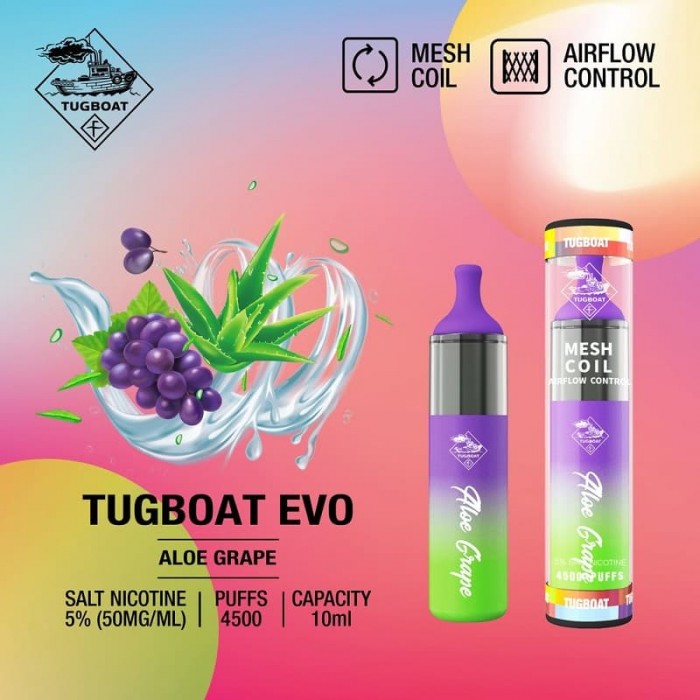 Tugboat Evo 4500 Aloe Grape  en uygun fiyatlar ile eliptod.com da! Tugboat Evo 4500 Aloe Grape özellikleri, fiyatı, incelemesi, yorumları ve taksit seçenekleri için hemen tıklayın!